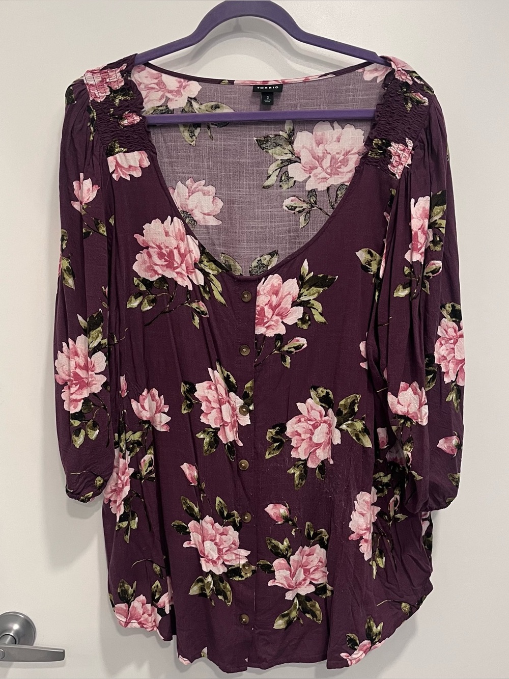 Torrid Mauve Floral Rayon Slub Button Front Puff Sleeve Top 3X Purple Peasant